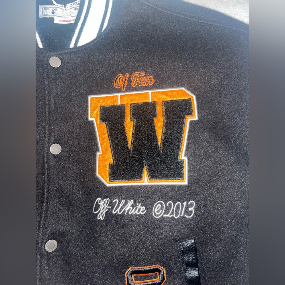 Off-White Leather Varsity Jacket Black & Orange L… - image 8